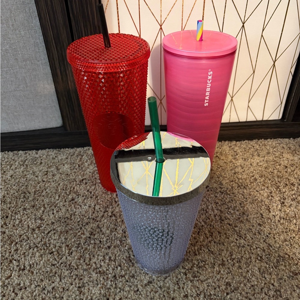 Starbucks Vibrant Red, Pink, and Silver Tumblers